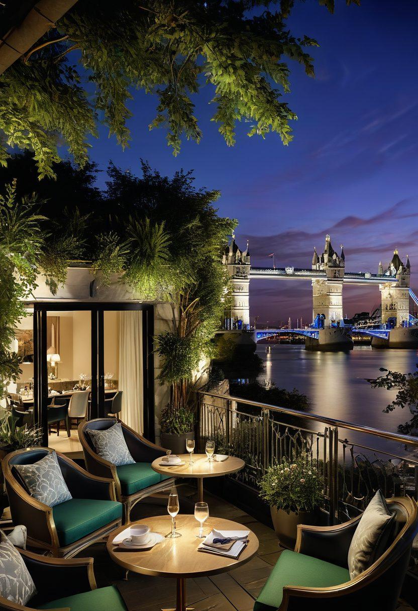 A breathtaking view of the iconic landmarks of London, including the Tower Bridge and the London Eye, set against a backdrop of a luxurious hotel terrace with lush greenery and elegant outdoor furniture. The scene captures the essence of leisure and opulence, highlighting guests sipping champagne while enjoying the picturesque cityscape. Soft, warm lighting enhances the grandeur of the moment. super-realistic. vibrant colors. 3D.