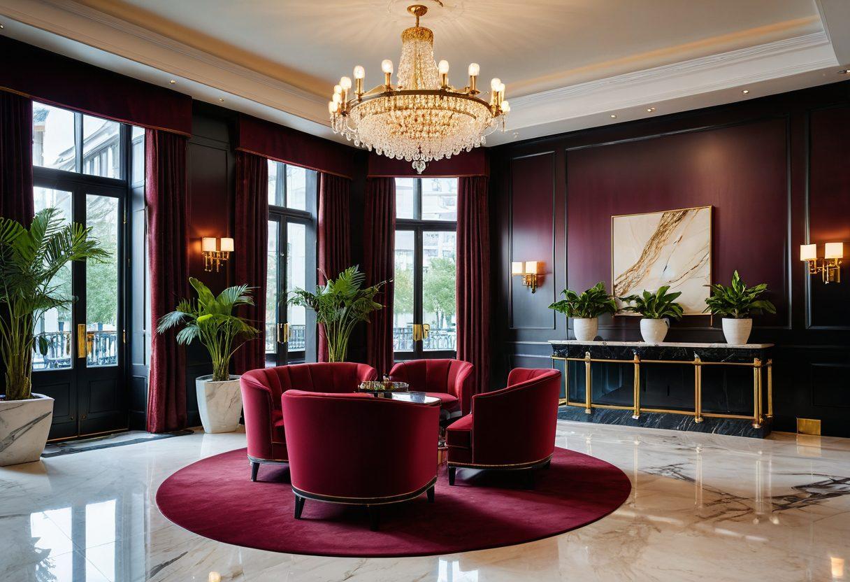 A luxurious hotel lobby showcasing a blend of modern elegance and classic comfort with plush seating, a grand chandelier, and lush indoor plants. Soft ambient lighting accentuates the rich textures of marble and velvet. Elegant guests in stylish attire engage in a relaxed conversation, with a concierge desk in the background ready to assist. Include subtle hints of Central London architecture through the windows. super-realistic. vibrant colors. 3D.