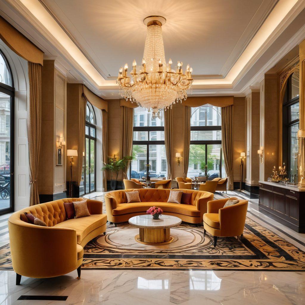 An elegant central London hotel lobby showcasing opulent decor, featuring a stunning chandelier, intricate marble flooring, and plush seating. Guests in stylish attire enjoy champagne while a concierge assists with luggage in the background. A panoramic view of iconic London landmarks is visible through expansive windows, adding to the luxurious ambiance. super-realistic. vibrant colors. 3D.
